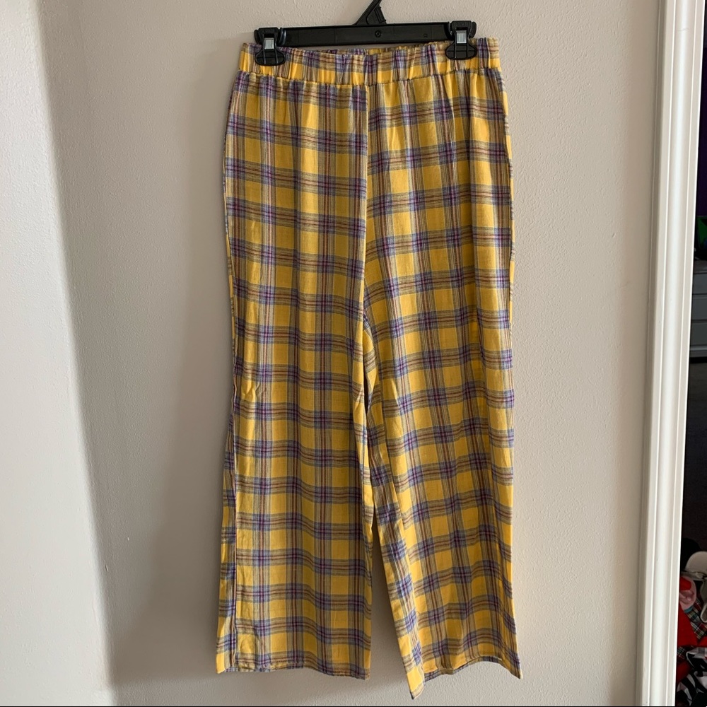 yellow and purple plaid pants